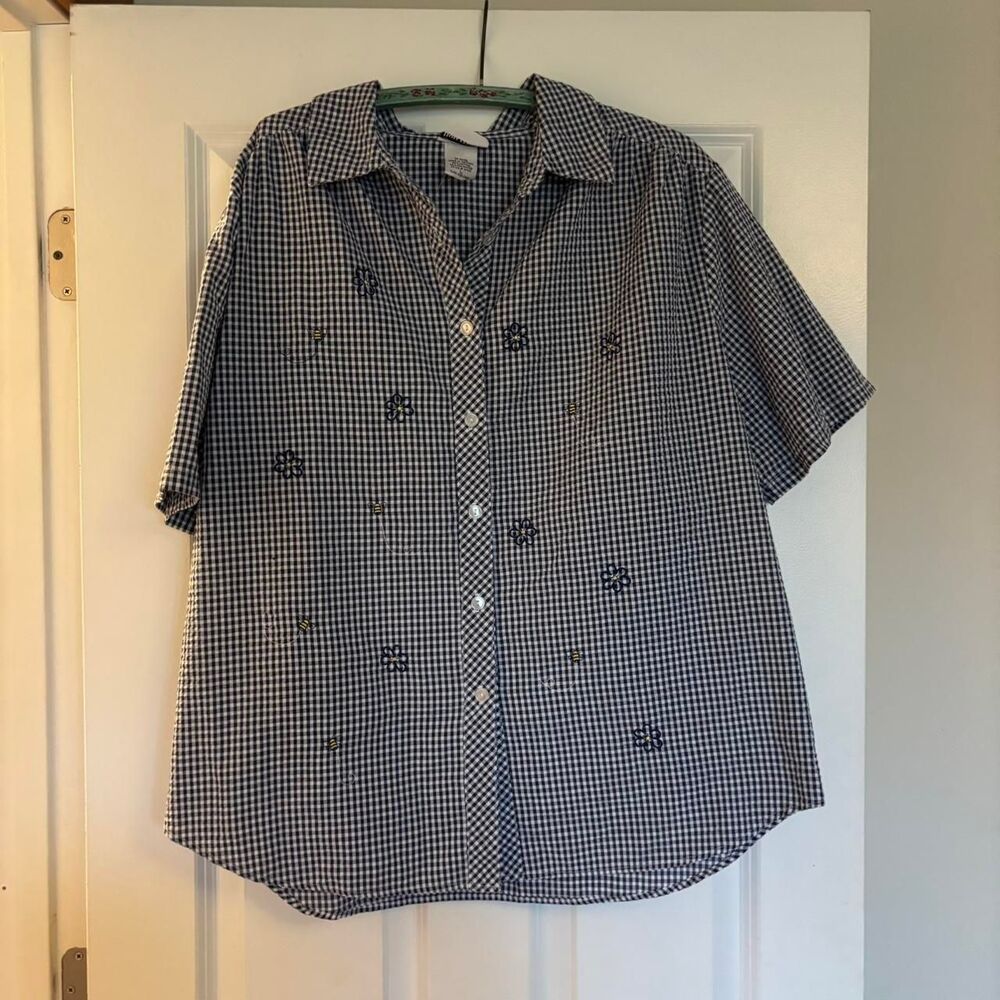 Bon Worth XL Embroidered Gingham Seersucker Embroidered Women's Short Sleeve